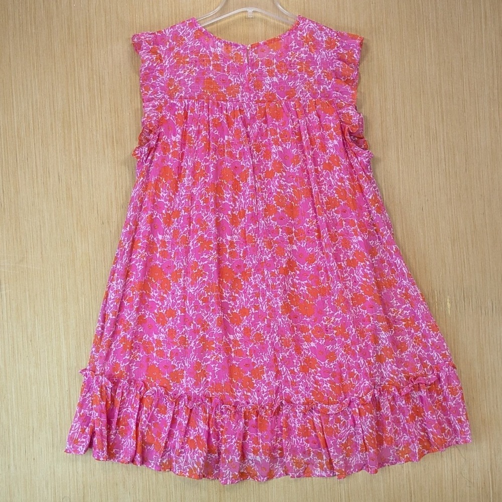 Umgee Boho Tropical Ruffle Hot Pink Floral Smocked Mini Dress 1X Metallic Stripe - Picture 4 of 8